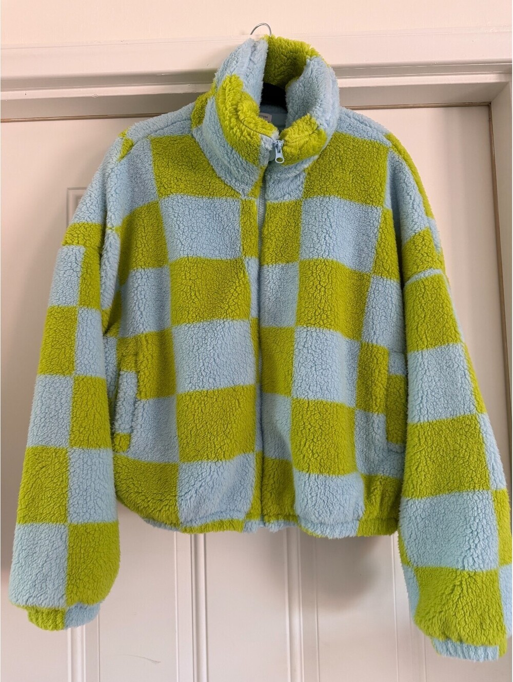 Urban Outfitters Olivia Printed Sherpa Jacket Checkered Blue Green NWT